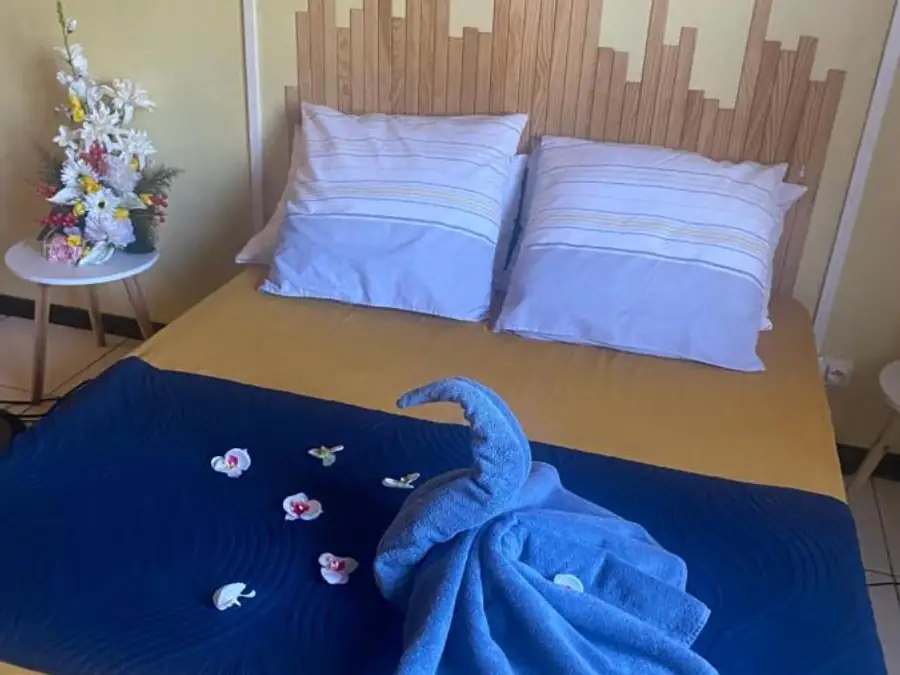 Serviettes pliées et pétales déposés sur le lit