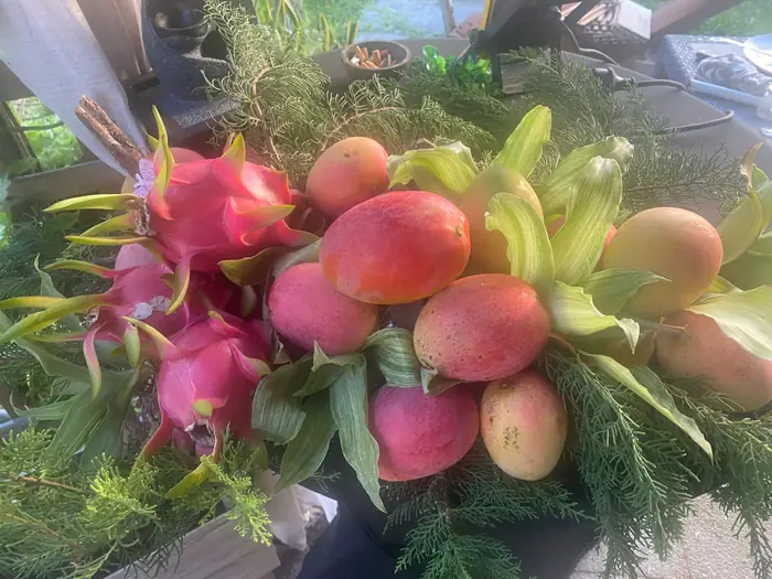 Composition de fruits tropicaux : mangues, letchis et fruits du dragon